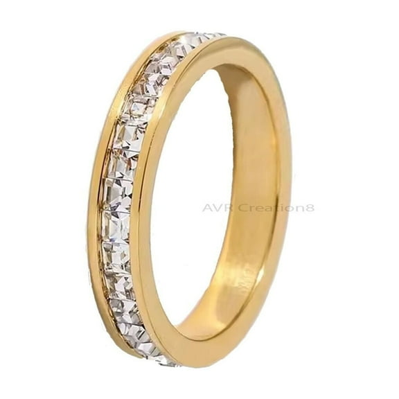 Princess Cut Eternity Wedding Band, Stackable 14K Yellow Gold Anniversary Ring for Women