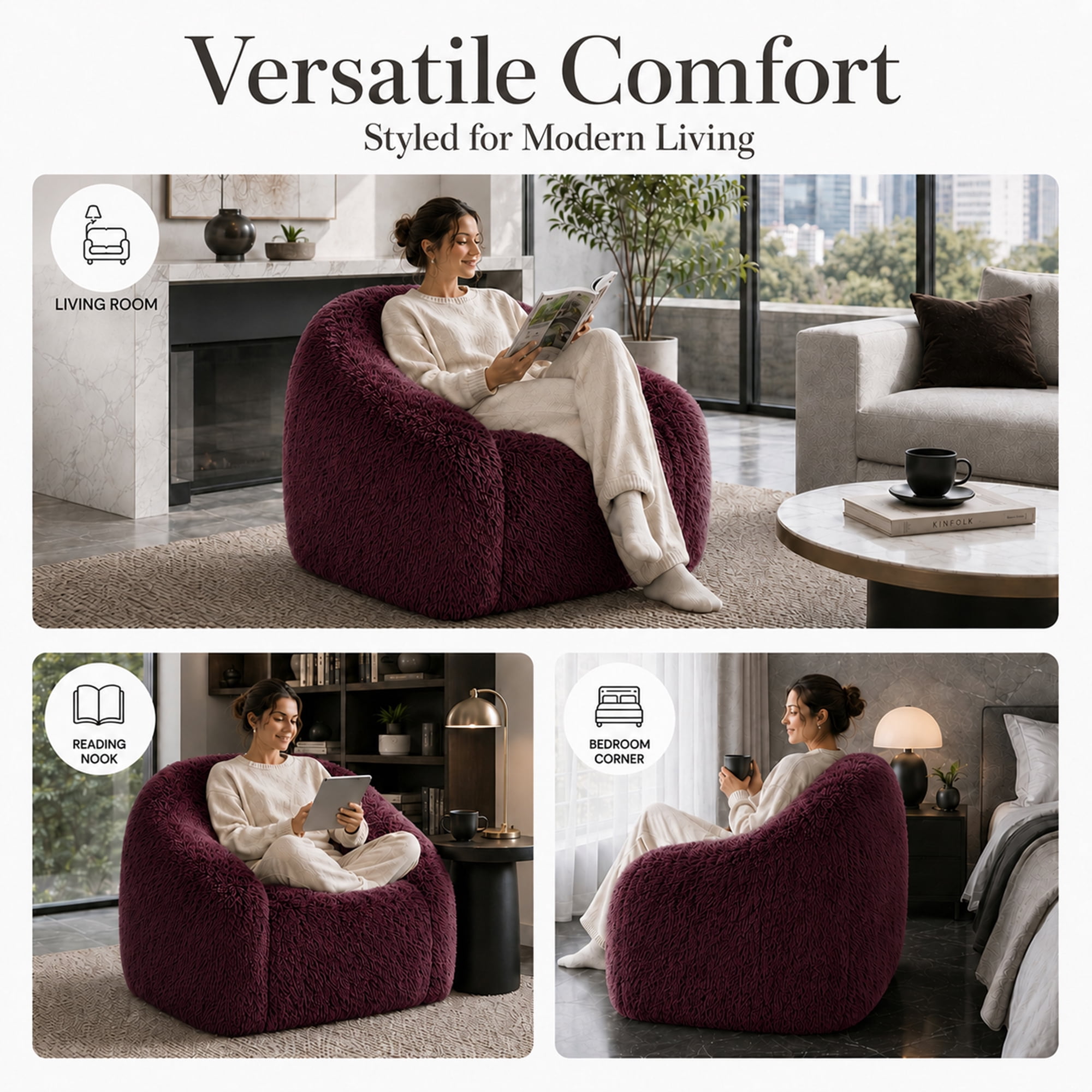 Aenkyo 40.6 Inch Faux Fur Single Sofa Chair, Comfy Lounge Chair in a Box, Burgundy