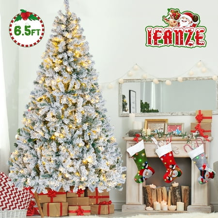 Ifanze 6.5ft Pre-lit Snow Flocked Christmas Tree with 300 Warm Lights 1200 Tips, Artificial Snowy Xmas Pine Tree with Reinforced Metal Base for Home Office Party Holiday Decorations ,White