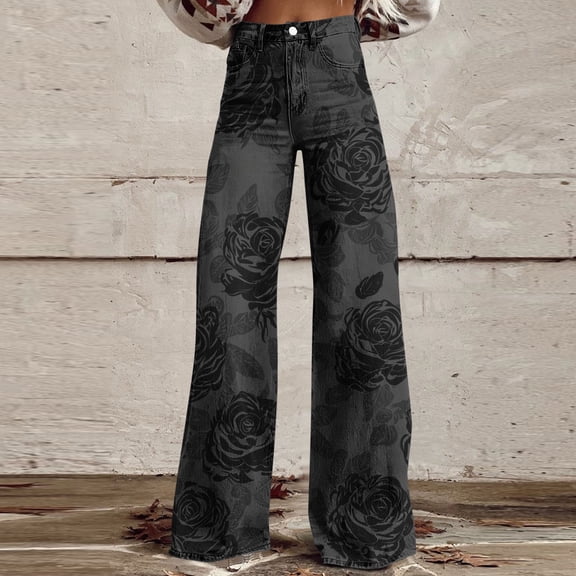QUNYINEY Casual Women's Pants Wide Leg Floral High Waisted Summer Palazzo Pants Loose Fit Twill Pants