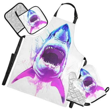 5 Pcs Kitchen Set Heat Resistant Oven Mitts and Non-Slip Pot Holders with Adjustable Cooking Apron Fierce Fantasy Shark