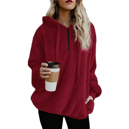 Womens Fuzzy Sherpa Hoodies Pullover Zip Fleece Sweatshirt Outwear ...