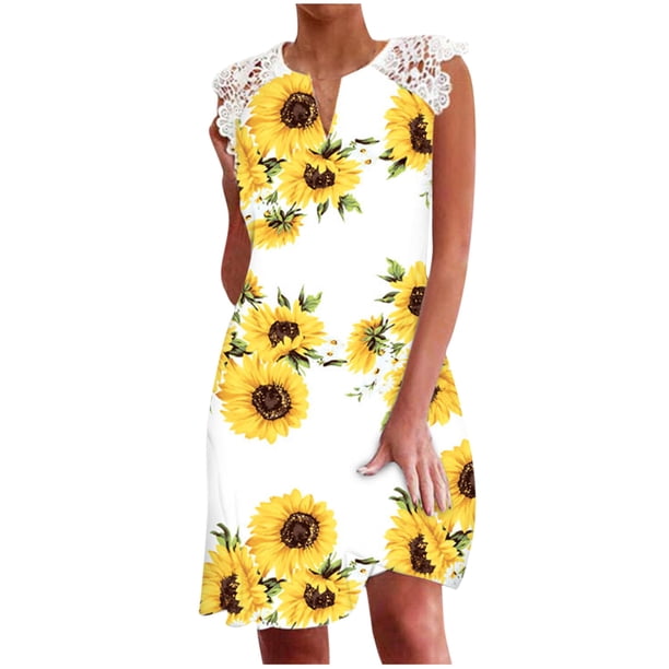 Vestido estampado adelgazante de encaje sin mangas con cuello en V casual de verano para mujer Fridja hjkh6372
