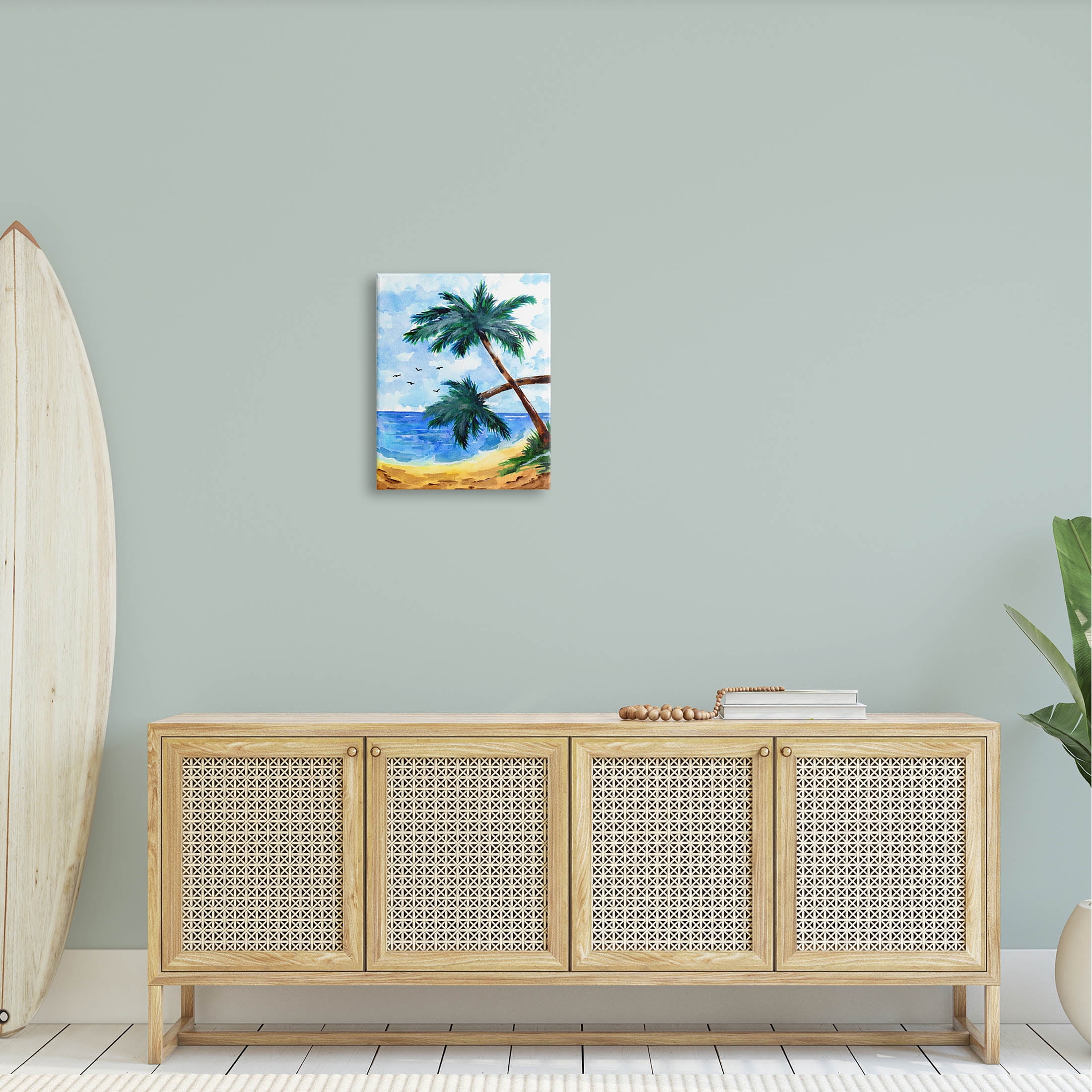 Tropical Beach Palms Birds Flying Coastal Painting Gallery Wrapped Canvas Print Wall Art