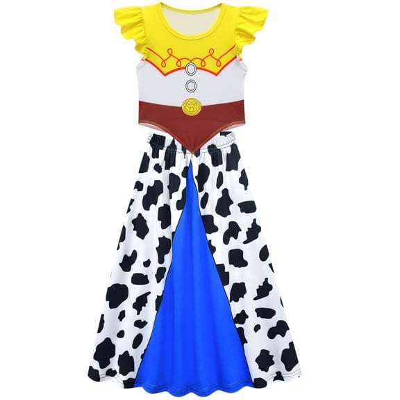 Western Cowgirl Costume Dress Cow Print Yellow Top Outfit Dress Up for Halloween Cosplay Birthday Party Role Play,Size 100