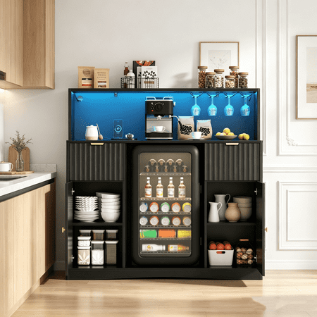 Coffee Bar Cabinet with Fridge Compartment, Black Liquor Cabinet with Charging Station & LED Light, Fluted Sideboard with Storage Drawers for Dining Room