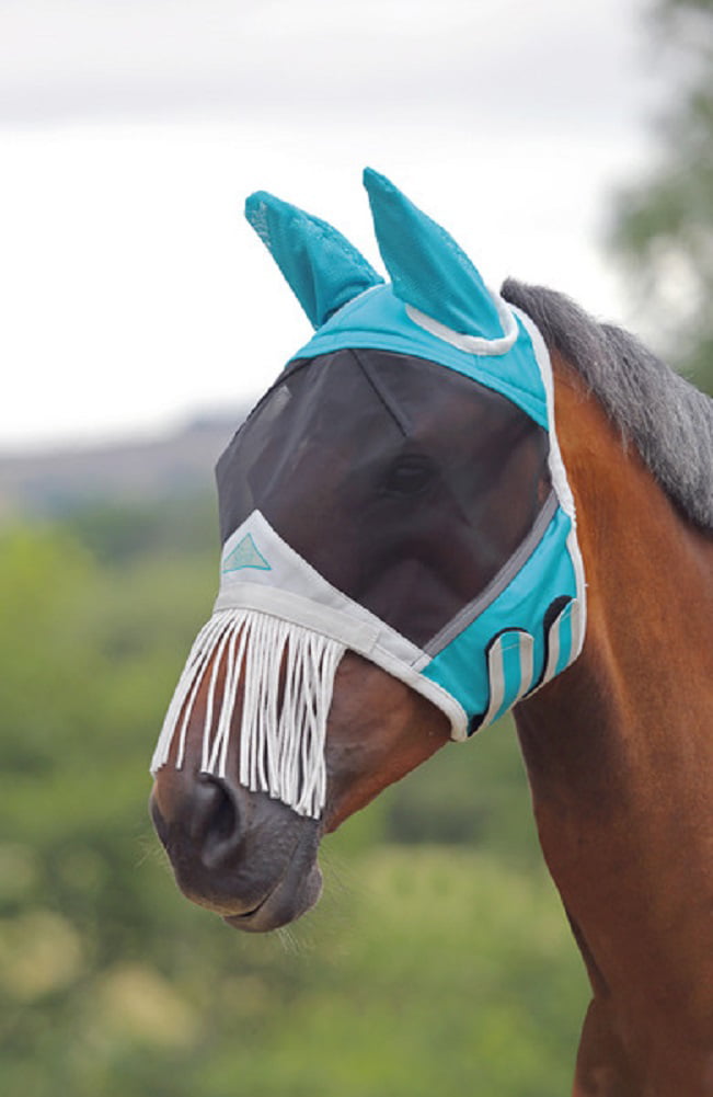 Shires 6664 Fine Mesh Teal Fly Mask with Ears & Nose Fringe 