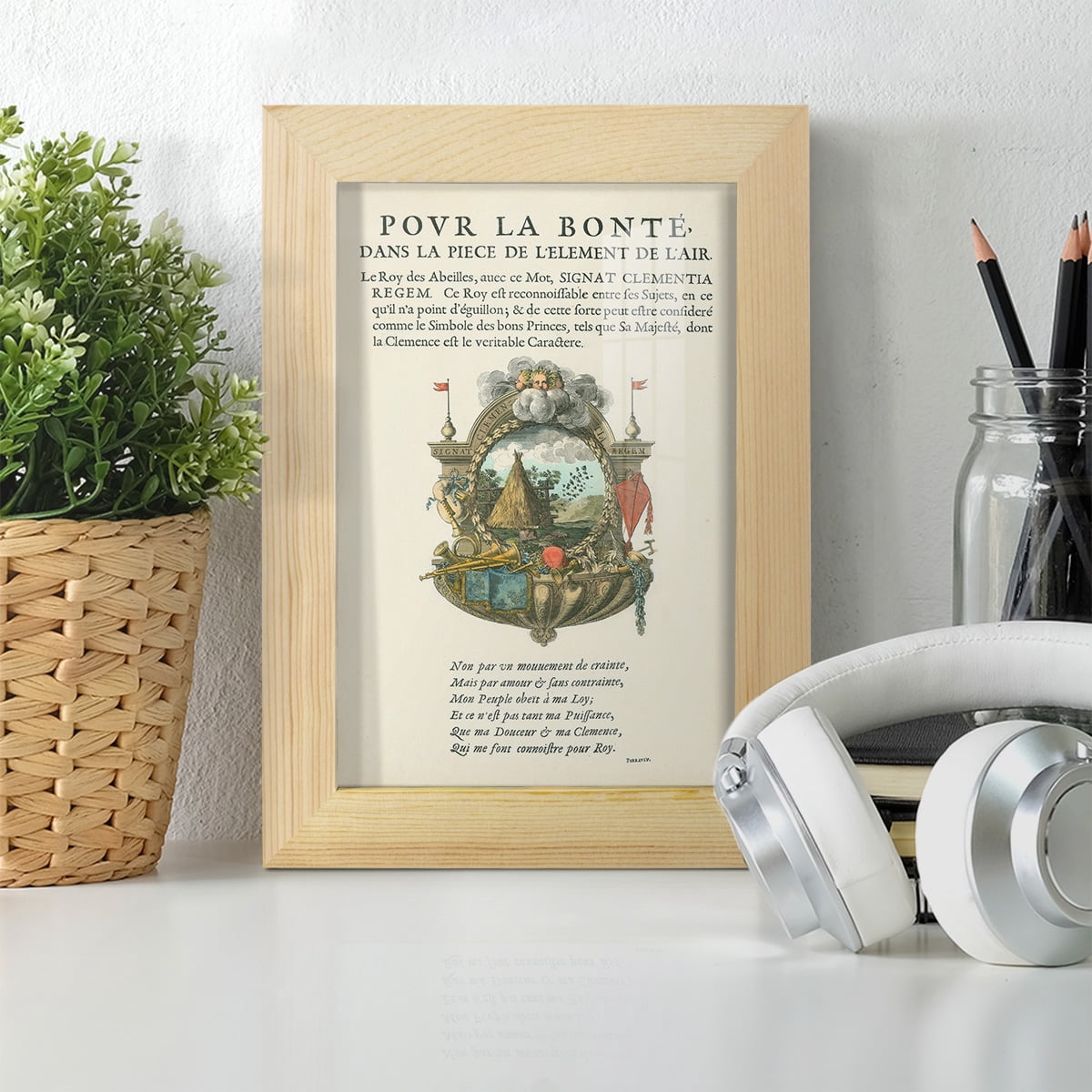 Printed Embellished Bookplate III - Framed Print w/glass - Natural Wood