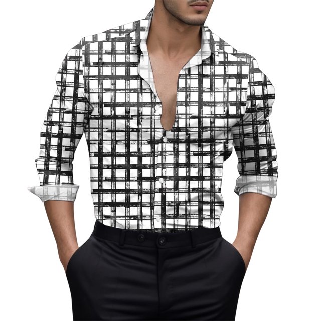 Camisas Deportivas Hombre Camiseta de manga larga a cuadros con impresión 3D digital personalizada informal a la moda para hombre (White, S)
