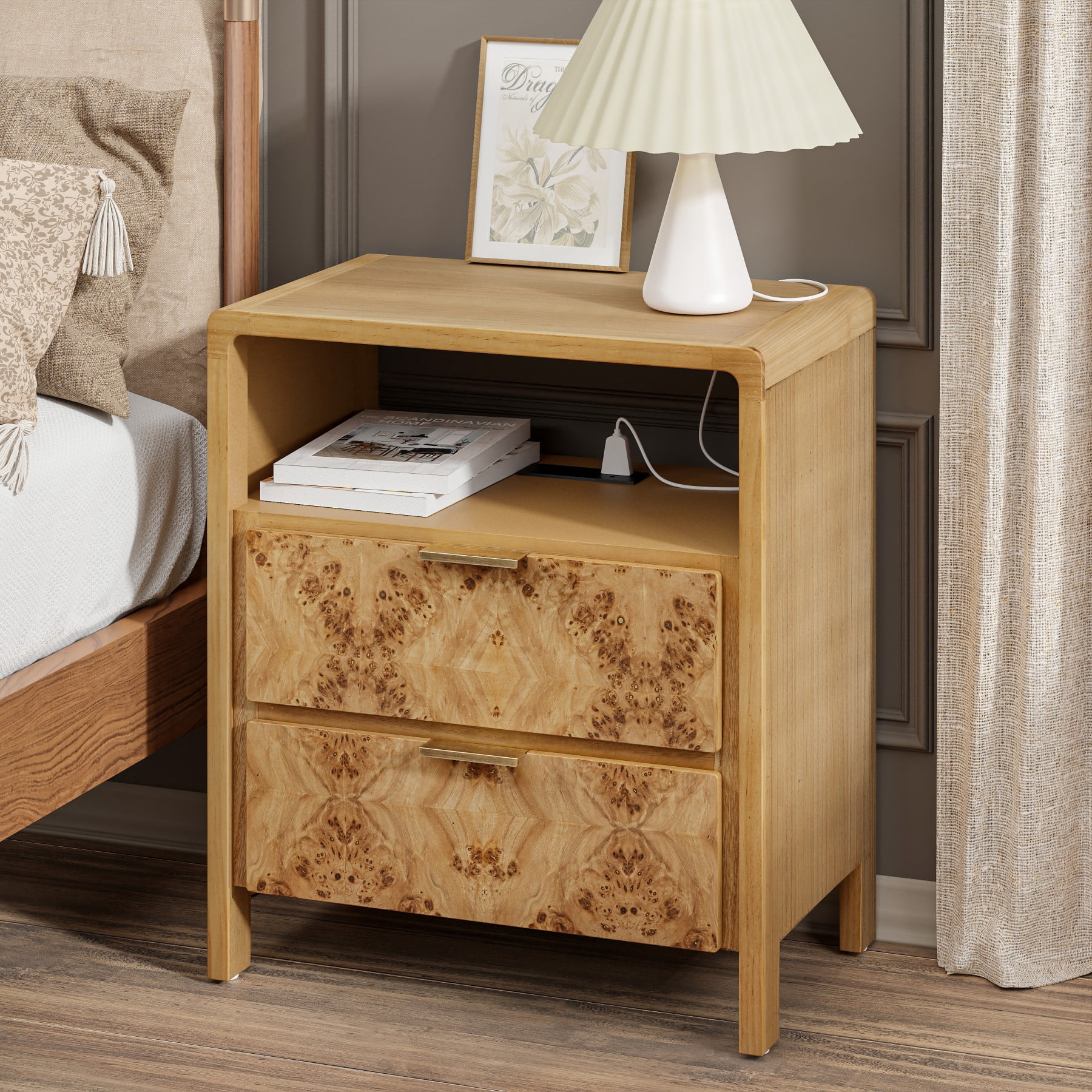 COZAYH Farmhouse Nightstand with Charging Station, Side Table with Power Outlet and USB & Type C Ports, Wood Bedside Table for Bedroom, Fully Assembled, Rustic, Brown