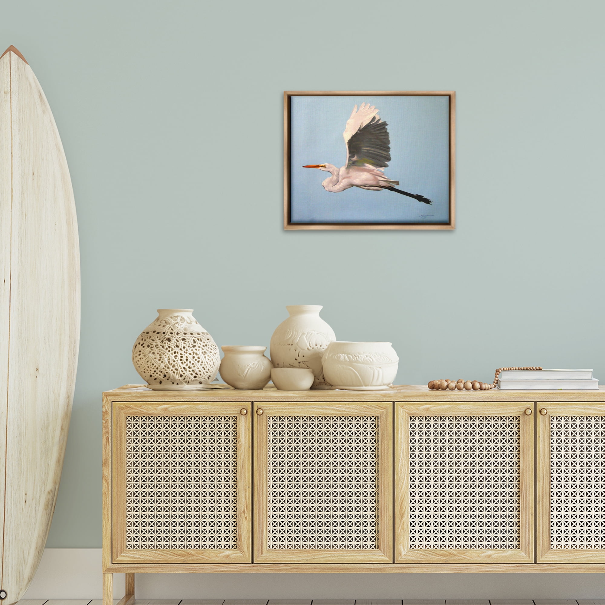 Stupell Industries Graceful Egret Flying Animals & Insects Painting Brown Floater Framed Canvas Art Print Wall Art, 21 x 17