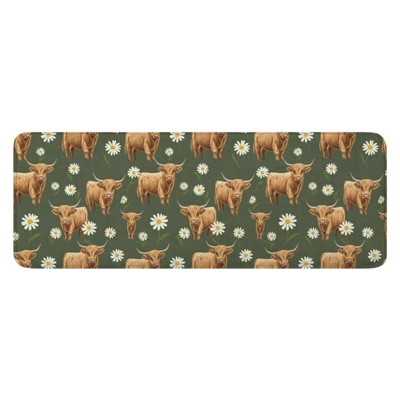 Green Highland Cow Daisy Pattern Kitchen Rug Mat,Kitchen Runner Rugs Non Skid Washable,Decorative Kitchen Floor Mats for Kitchen,Sink,Laundry,17"x47.2"