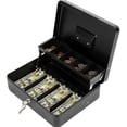 thumbnail image 1 of Caja de efectivo, 11.8l x 9.5w x 3.5h pulgadas, negra, caja de efectivo con bandeja de dinero y cerradura con llave con 4 ranuras para billetes y 5 monedas, caja de seguridad grande con llave, ca, 1 of 5
