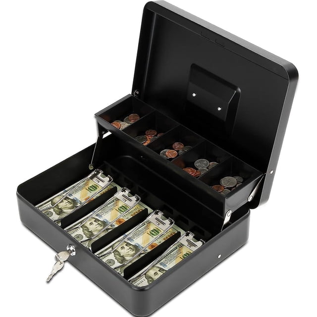 Caja de efectivo, 11.8l x 9.5w x 3.5h pulgadas, negra, caja de efectivo con bandeja de dinero y cerradura con llave con 4 ranuras para billetes y 5 monedas, caja de seguridad grande con llave, ca