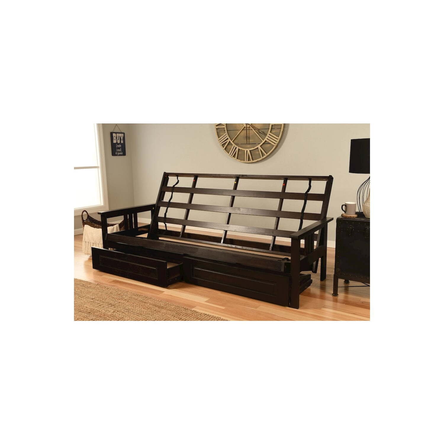 Kodiak Furniture Monterey Queen Espresso Wood Storage Futon-Mocha Brown Mattress