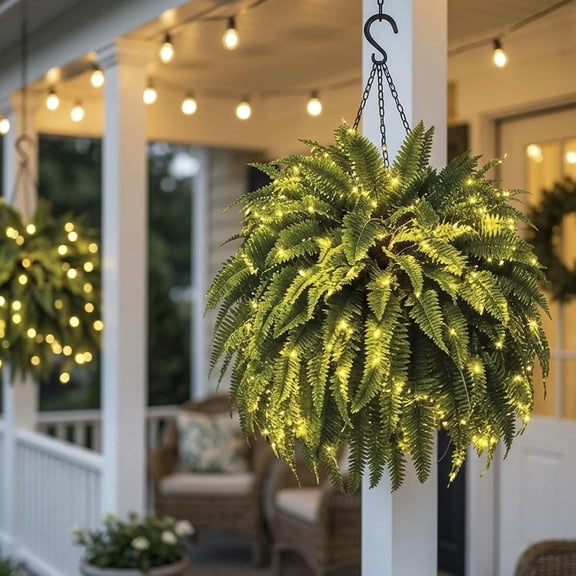 Clearance! Oversized Artificial Boston Fern with Warm LED Lights UV Resistant No Watering Faux Hanging Plant for Patio Front Porch Indoor Outdoor Home Decor, 1 Pcs