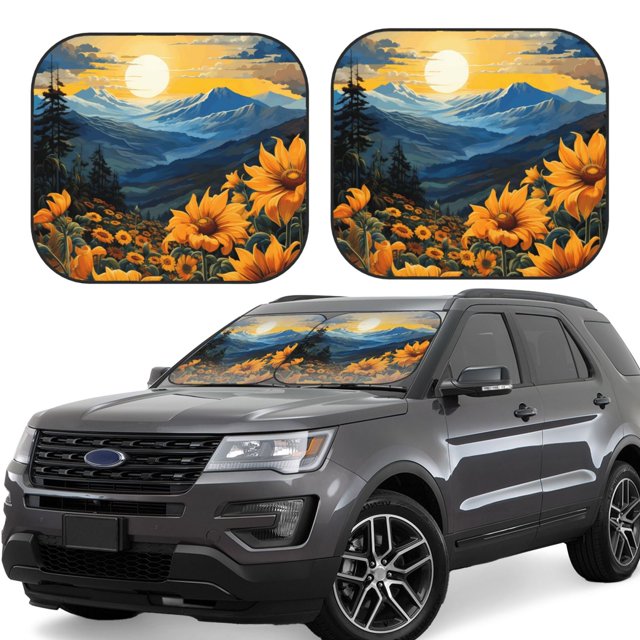 Balery Elegant Sunset Sunflower Parasol para parabrisas de coche de 2 piezas | Parasol plegable para parabrisas delantero de coche para la mayoría de sedanes-Medium