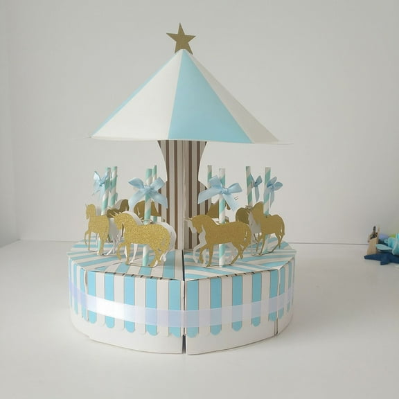 HONITANO 1 Set Blue Carousel Paper Candy Box for Wedding Party and Mini Carton Box 28.00X28.00X34.00Cm