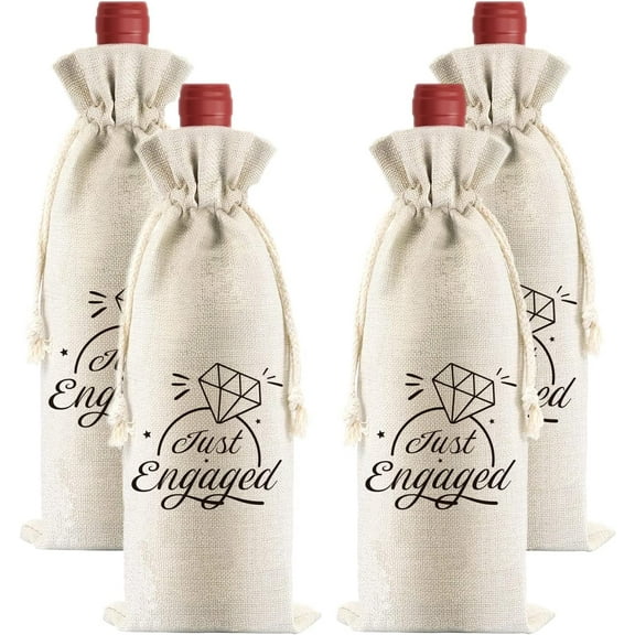 4 Pcs Cotton Linen Wine Bags Reusable Wine Gift Bags with Drawstrings Wine Bags Wedding Engagement Party Bachelorette Party Congrats Gifts Bags Just Engaged Quote Wine Bottle Bags Bulk