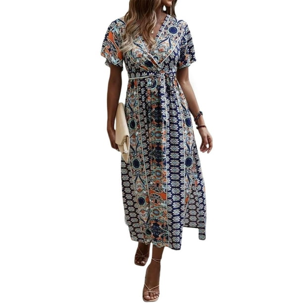 SAYOO Vestido Largo de Manga Corta para Mujer, Patrón de Estilo Bohemio Impreso con Cuello en V Vestido de Corte Alto con Lazo, Ropa Casual de una Pieza SAYOO casual