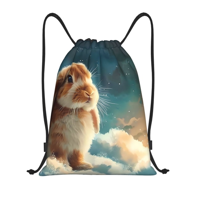 Xecao Starry Sky Cloud Cute Rabbit Pattern Sports Drawstring Backpack - String Swim Gym Bag with Wet Proof Pocket for Women&Men-Small