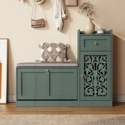 JOEMEY 40 inch Retro Carved Entryway Shoe Bench Multi-Arrangement Design with Storage Drawer, Green