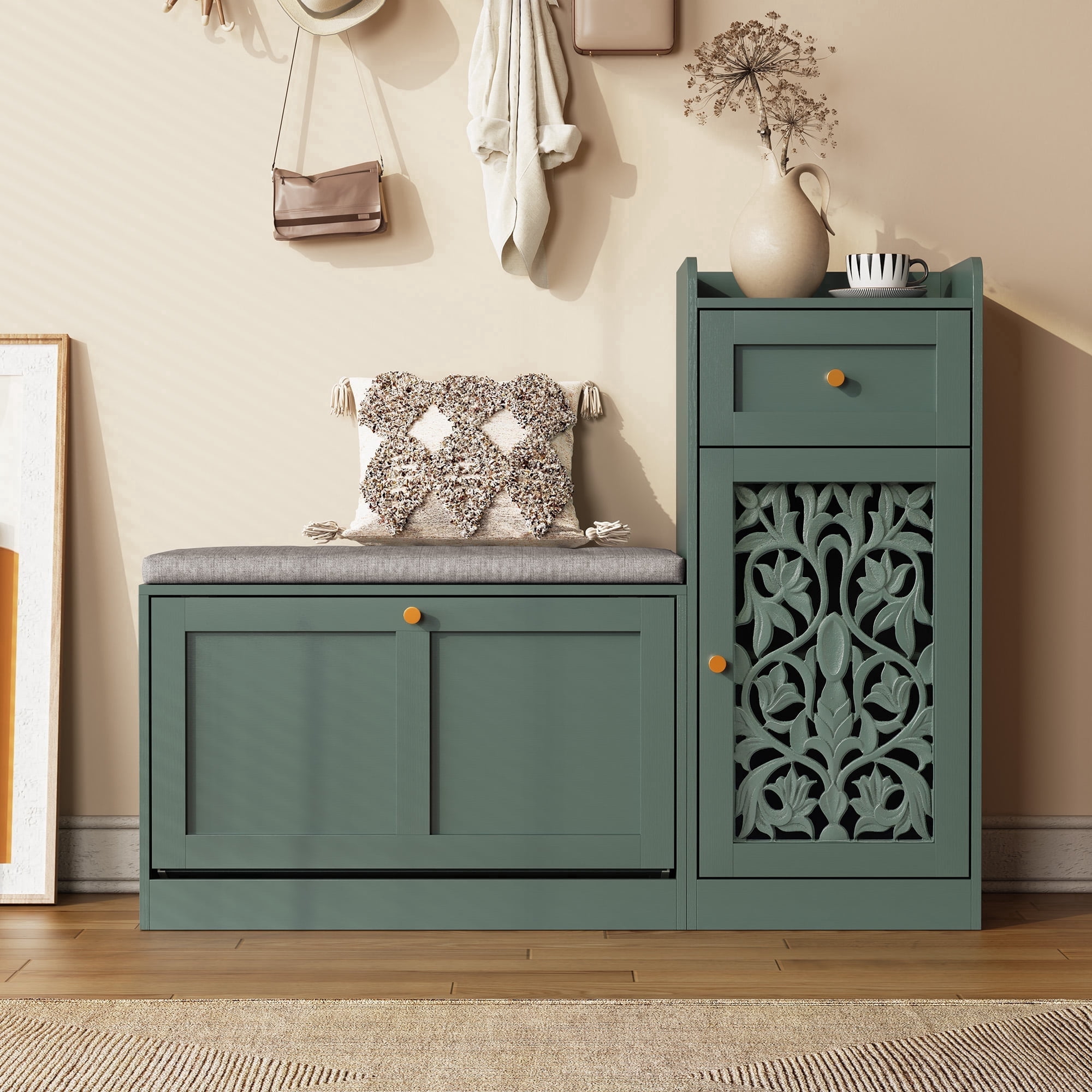 JOEMEY 40 inch Retro Carved Entryway Shoe Bench Multi-Arrangement Design with Storage Drawer, Green