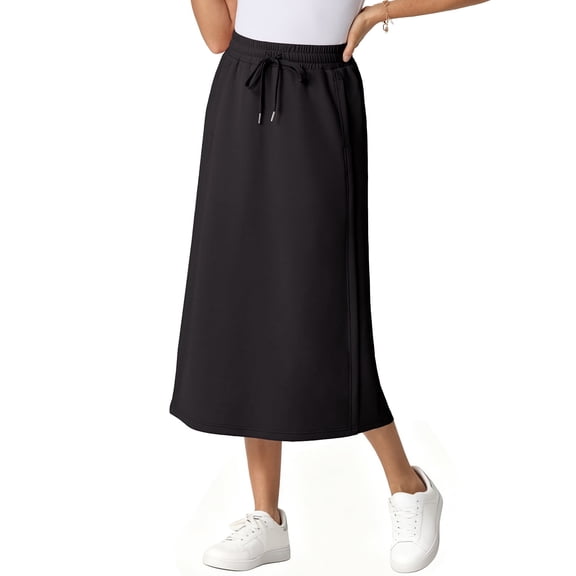 JWD Women's Elastic High Waist Maxi Skirt - Back Slit Flowy Wrap Skirt with Pockets for Casual Work Black L