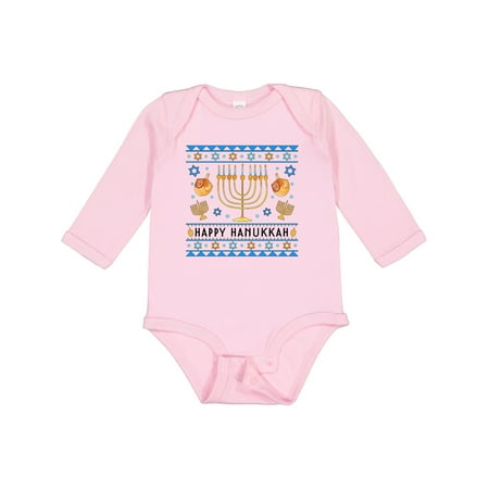 

Inktastic Happy Hanukkah Sweater Style Design with Menorah and Dreidel Gift Baby Boy or Baby Girl Long Sleeve Bodysuit
