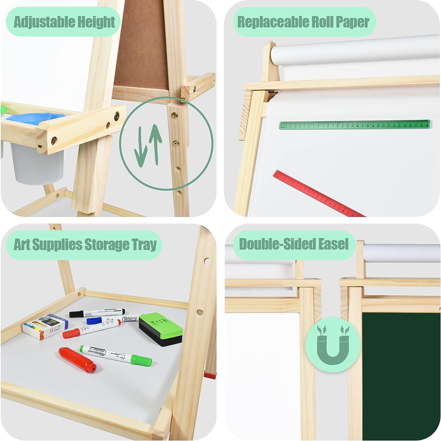 Joyooss Art Easel for Kids with Double-Sided Magnetic, Wooden Standing Kids Easel with Dry Erase Whiteboard & Chalkboard,Height Adjustable Children Easel with Paper Roll