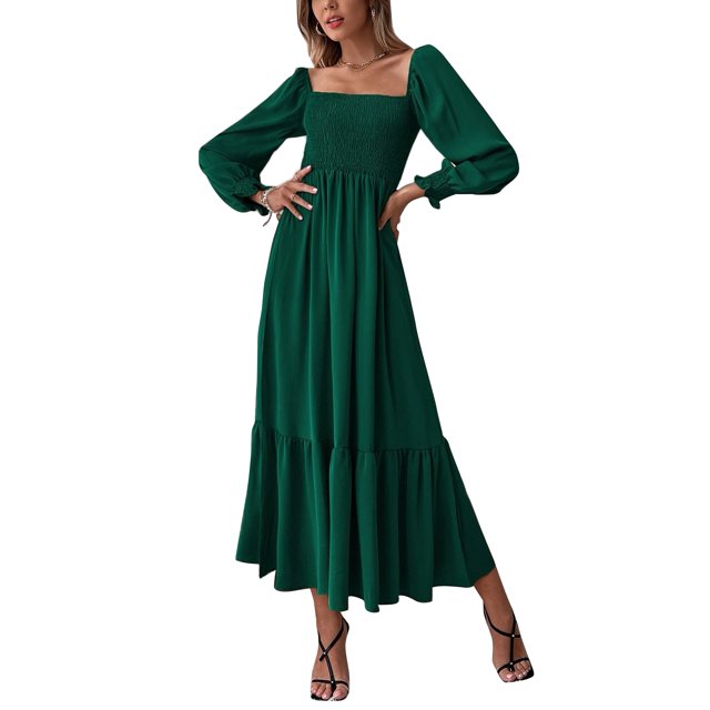 Vestido largo para mujer, cuello cuadrado, busto elástico, mangas largas acampanadas, dobladillo con volantes, espalda abierta, temperamento de cintura alta, vestido largo verde S