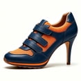 thumbnail image 2 of FSJ Women Chic Round Toe Sneaker Heels Mesh Leather Strap Stiletto Pumps Size 8 Navy Blue Orange, 2 of 4