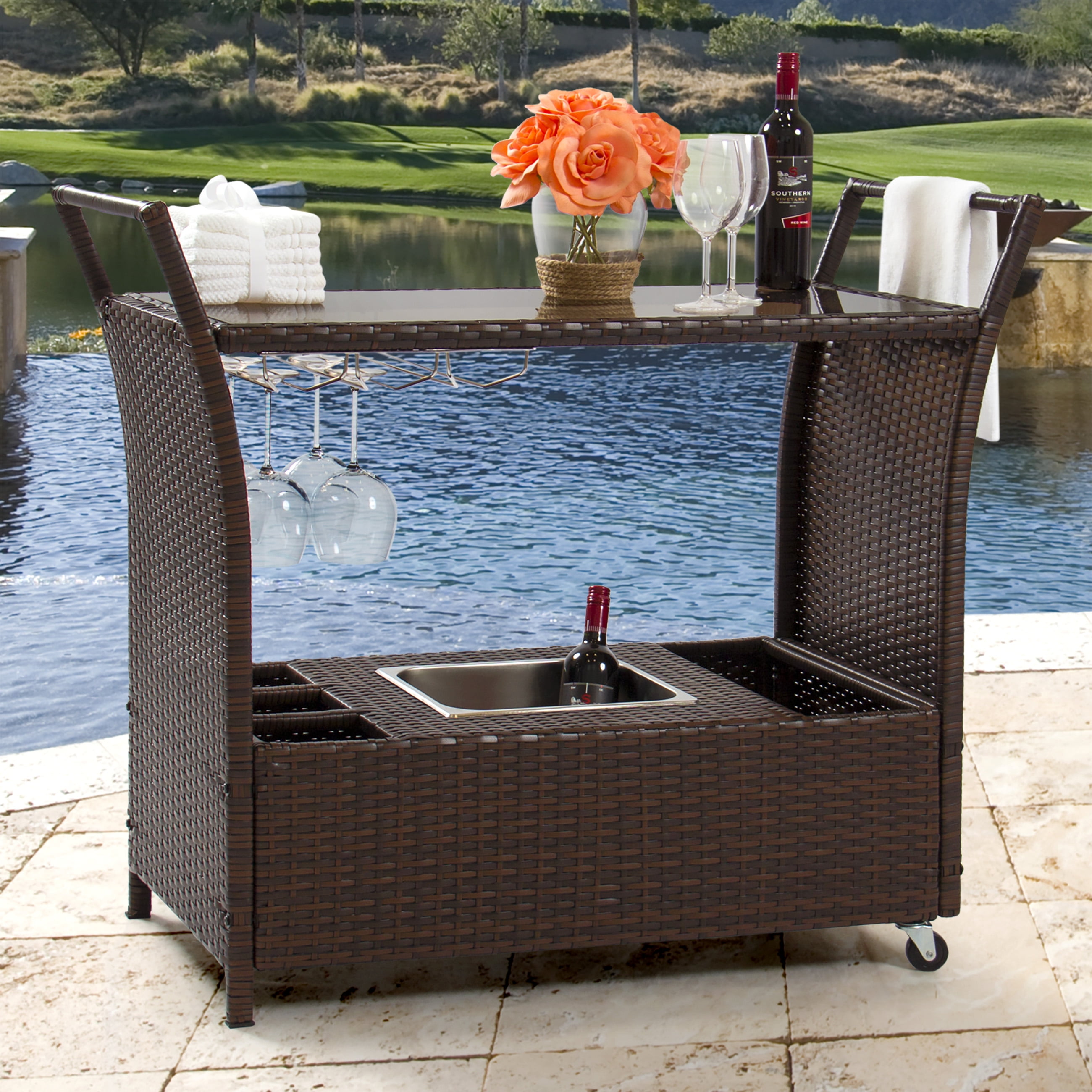 Best Choice Products Rolling Wicker Outdoor Bar Cart W Removable Ice Bucket Glass Countertop Wine Holders Storage Compartments