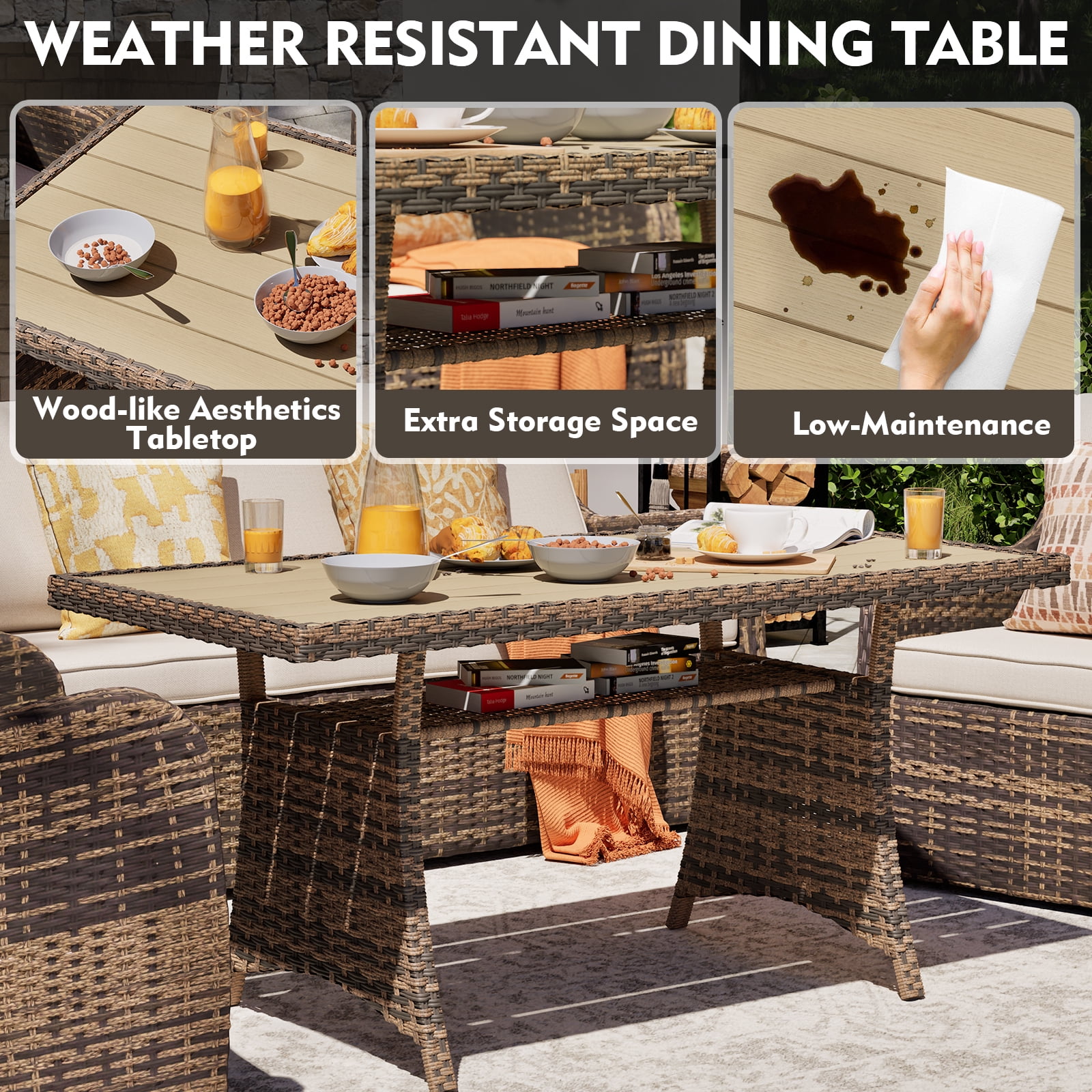 MEISSALIVVE 7 Pieces Patio Furniture Set with Dining Table, Outdoor Wicker Conversation Set with Wicker Armrest Chairs, 2 Ottomans, Beige