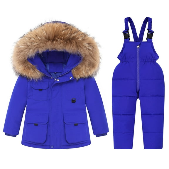 Xfvqtps Down Jacket and Pant Set Multiple Pockets Fake Fur Hooded Coat and Overalls Snowsuit Snowboarding Suit Waterproof Windproof Outdoor Winter Warm Ski Suits Blue