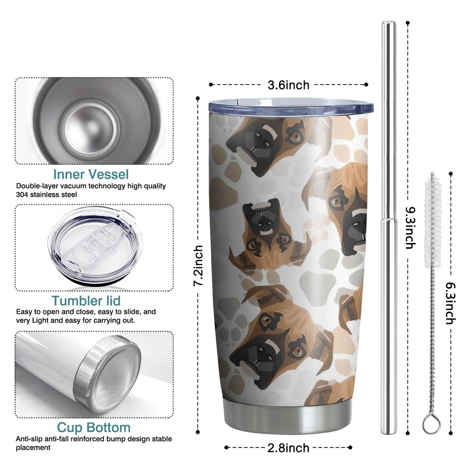 20 Oz Cute Doberman and Dog Footprint Coffee Tumbler Double Wall Insulated Stainless Steel Water Bottle | Metal Reusable Thermoses Flask with Cup Cap | Leak & Sweat Proof with Anti-Dust Lid