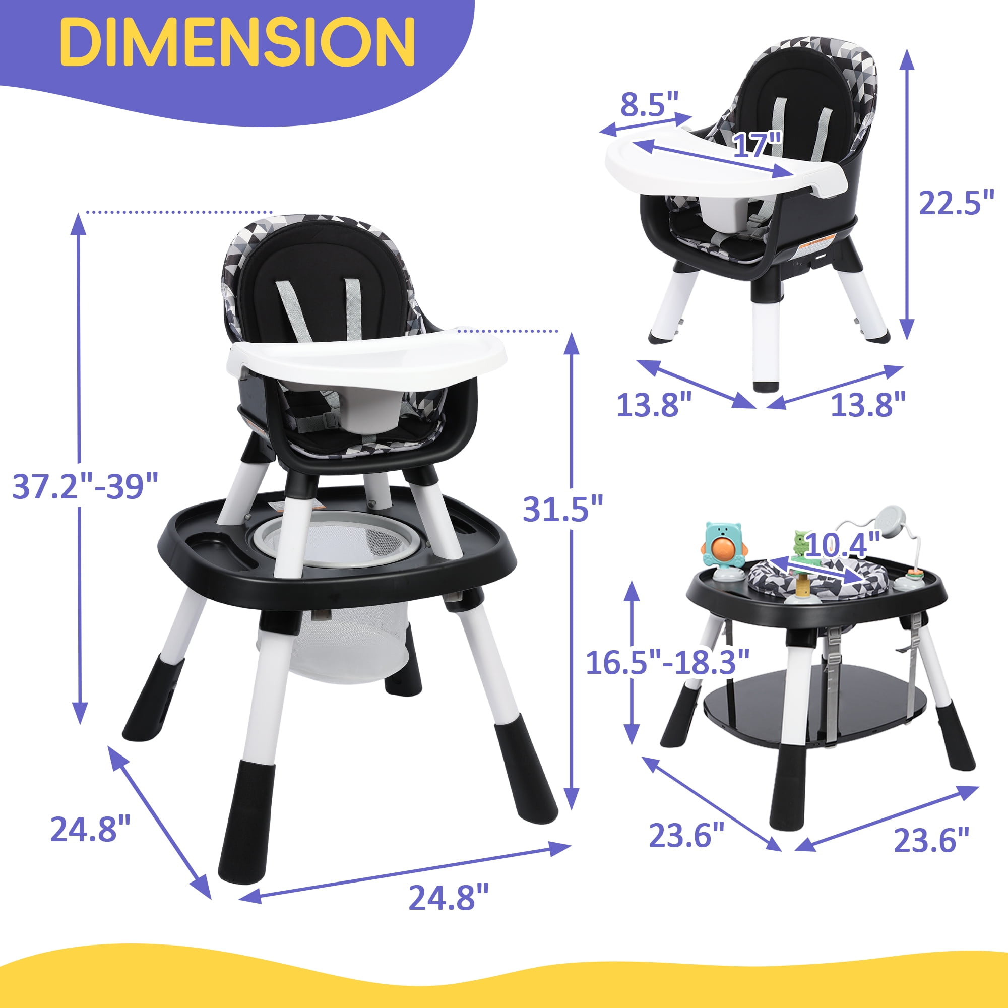 TOLEAD 15-in-1 Convertible High Chair, 2-in-1 Baby Highchair & Activity Center, Black