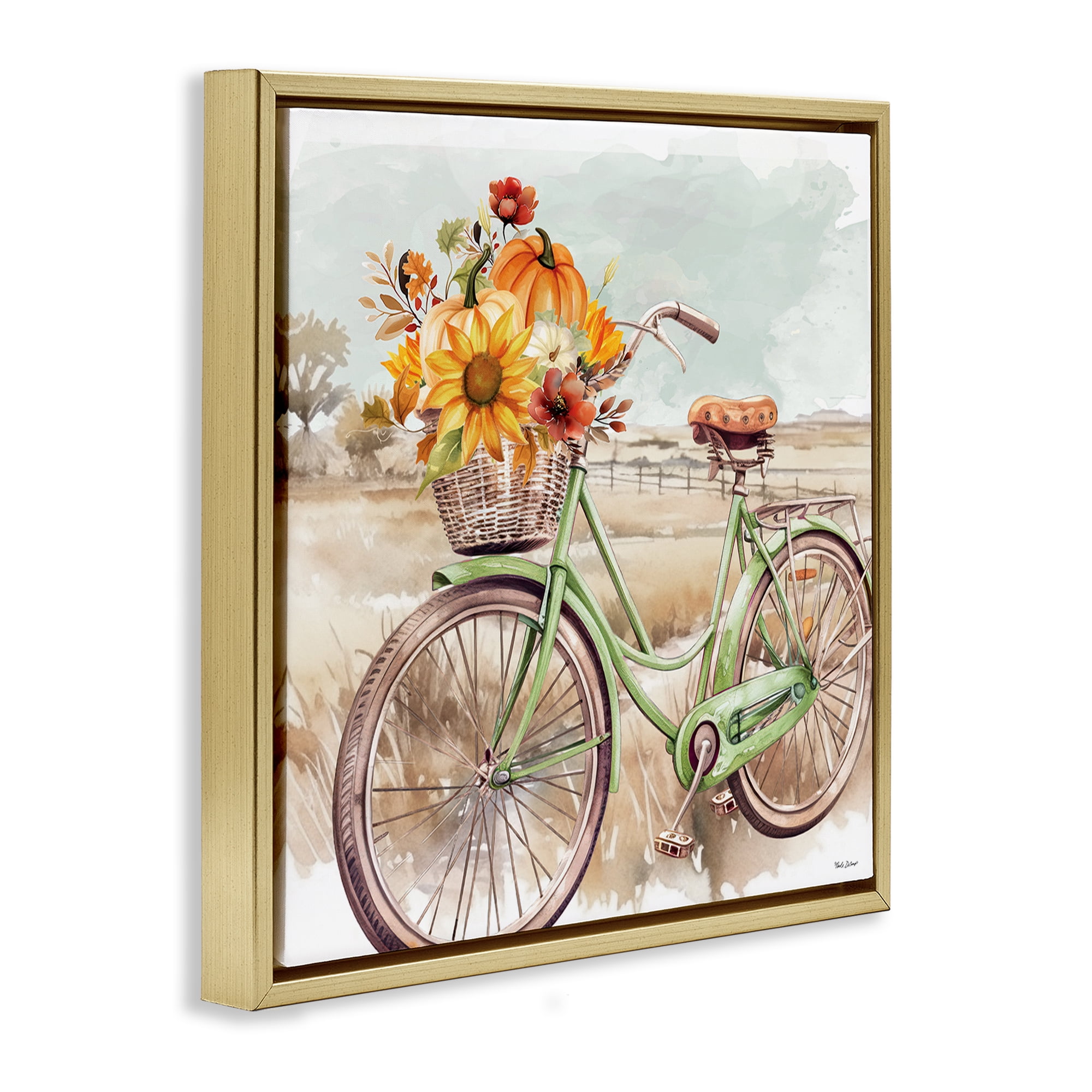 Stupell Industries Fall Florals Bicycle Botanical & Floral Painting Gold Floater Framed Canvas Art Prints Wall Art, 18 x 18