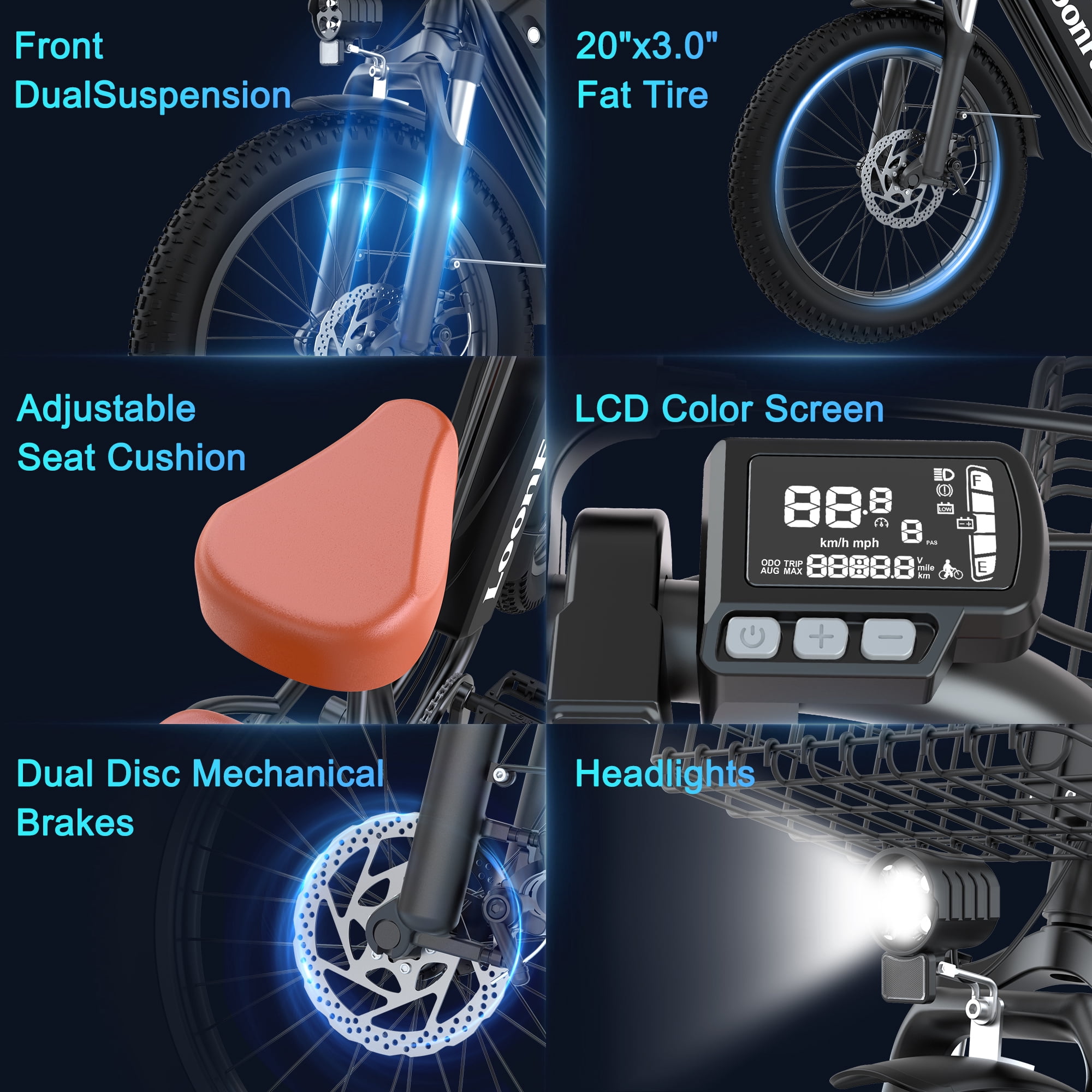 LoonFat T20 Adult Electric Bike, 1000W peak motor, 48V 15.6Ah removable battery, 20‘ x 3.0’ fat tyres, 25 mph, up to 30-mile range, black