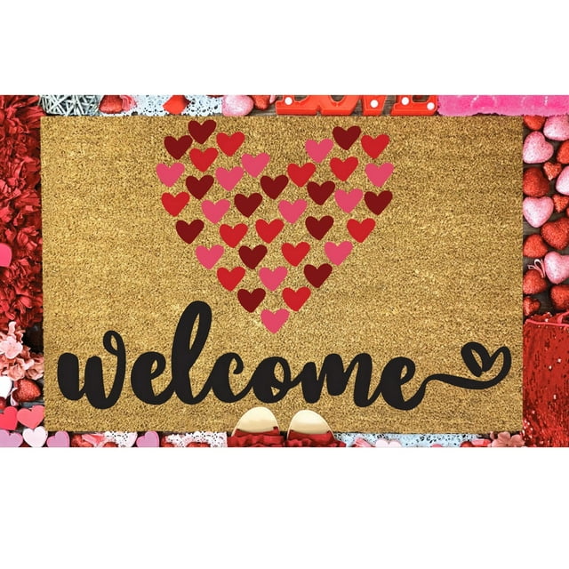 Valentine's Day Welcome Floor Mat for Holiday Decorations Non- Indoor Outdoor Polyester Entryway Rug with Heart Design