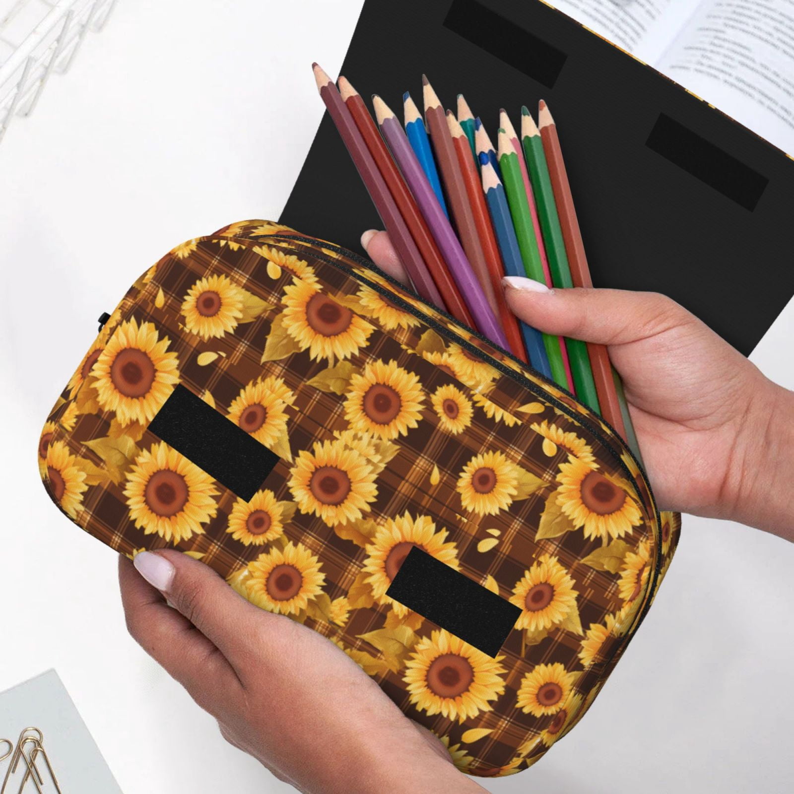 Rateoe Vintage Brown Plaid Sunflower Pattern Double Clamshell Pen Case, Storage Organizer with Two Zipper Compartments– Holds Up to 50 Pencils & Pens