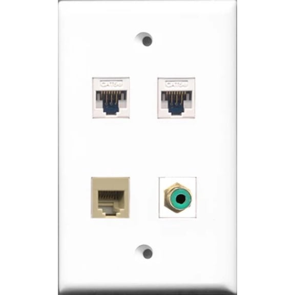 RiteAV - 1 Port RCA Green and 1 Port Phone RJ11 RJ12 Beige 2 Port Cat5e Ethernet White Wall Plate