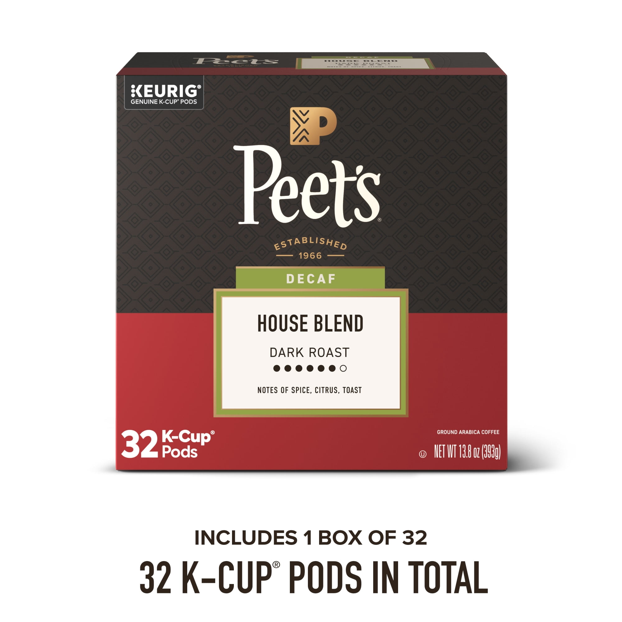 Peet's Coffee Decaffeinated House Blend Dark Roast Single Serve Coffee Pods, 32 Count