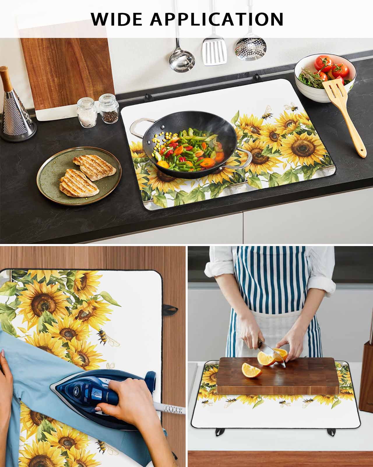 nqOlkjepod Large Induction Cooktop Protector Mat 36"x21", Sunflower Bee Stove Top Covers for Electric Stove, Watercolor Yellow White Summer Spring Stove Burner Cover Mats, Glass Top Stove Cover