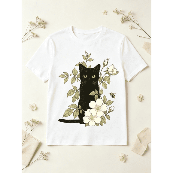 Vintage Floral Black Cat Graphic T-Shirt for Women, Aesthetic Wild Rose Bee Print Crew Neck Casual Summer Top