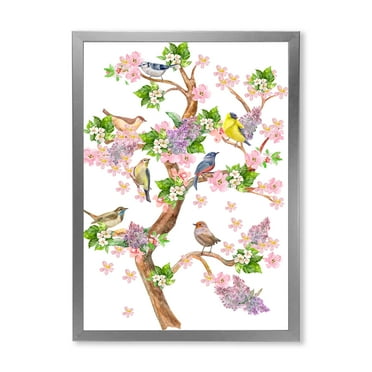 Tree With Colorful Birds Sitting On Flowering Branches 24 in x 32 in Framed Painting Canvas Art Print, by Designart