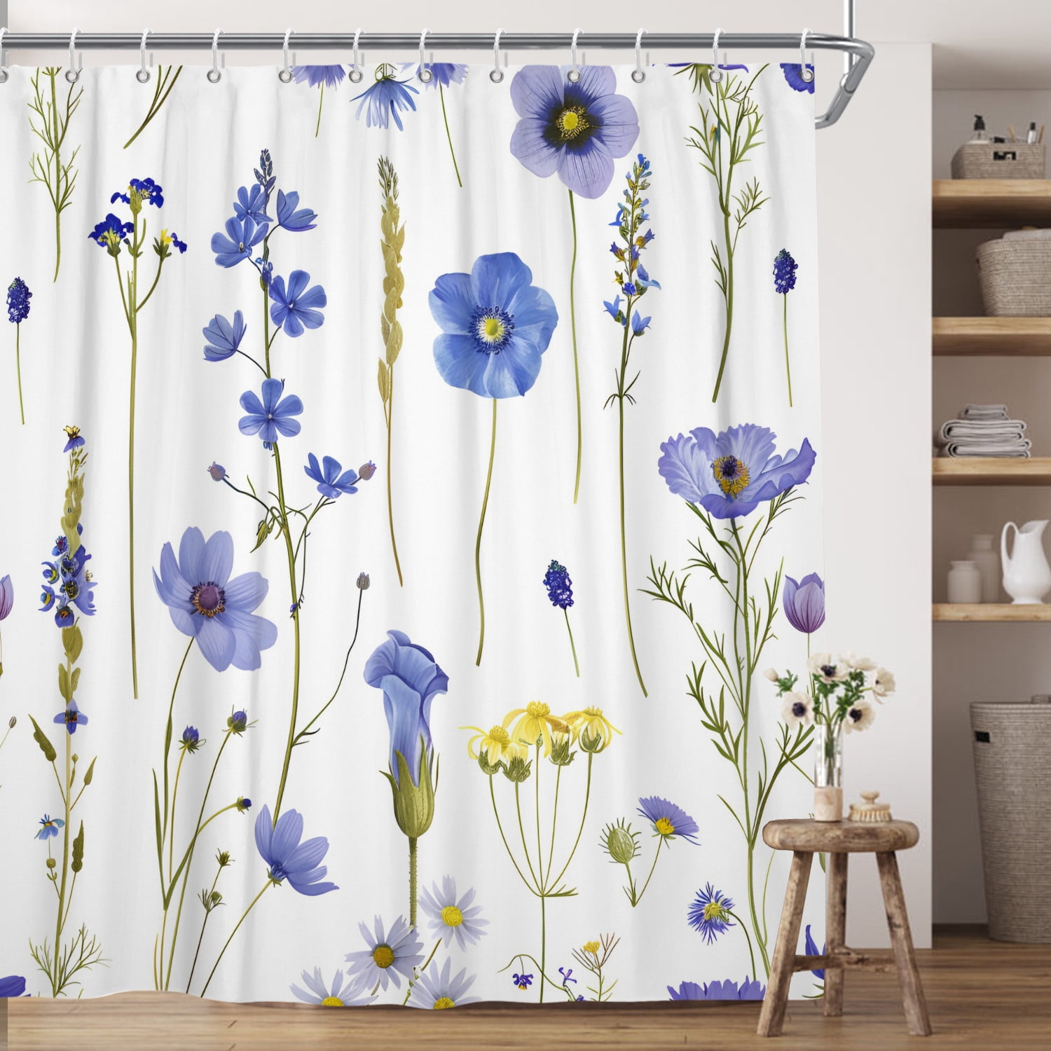 Purple Floral Shower Curtain, Watercolor Flower Plant Polyester Fabric Bath Curtain with Hooks,72''x72''