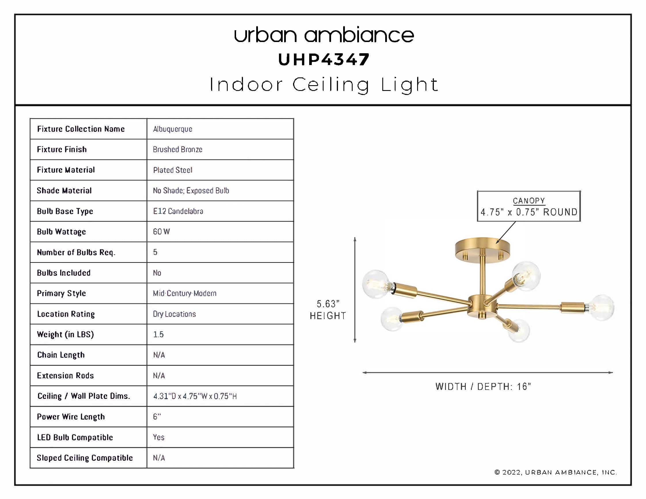 Luxury Mid-Century Modern Ceiling Light, 5.625H x 16W, with Modern Style, Brushed Bronze, UHP4347 by Urban Ambiance