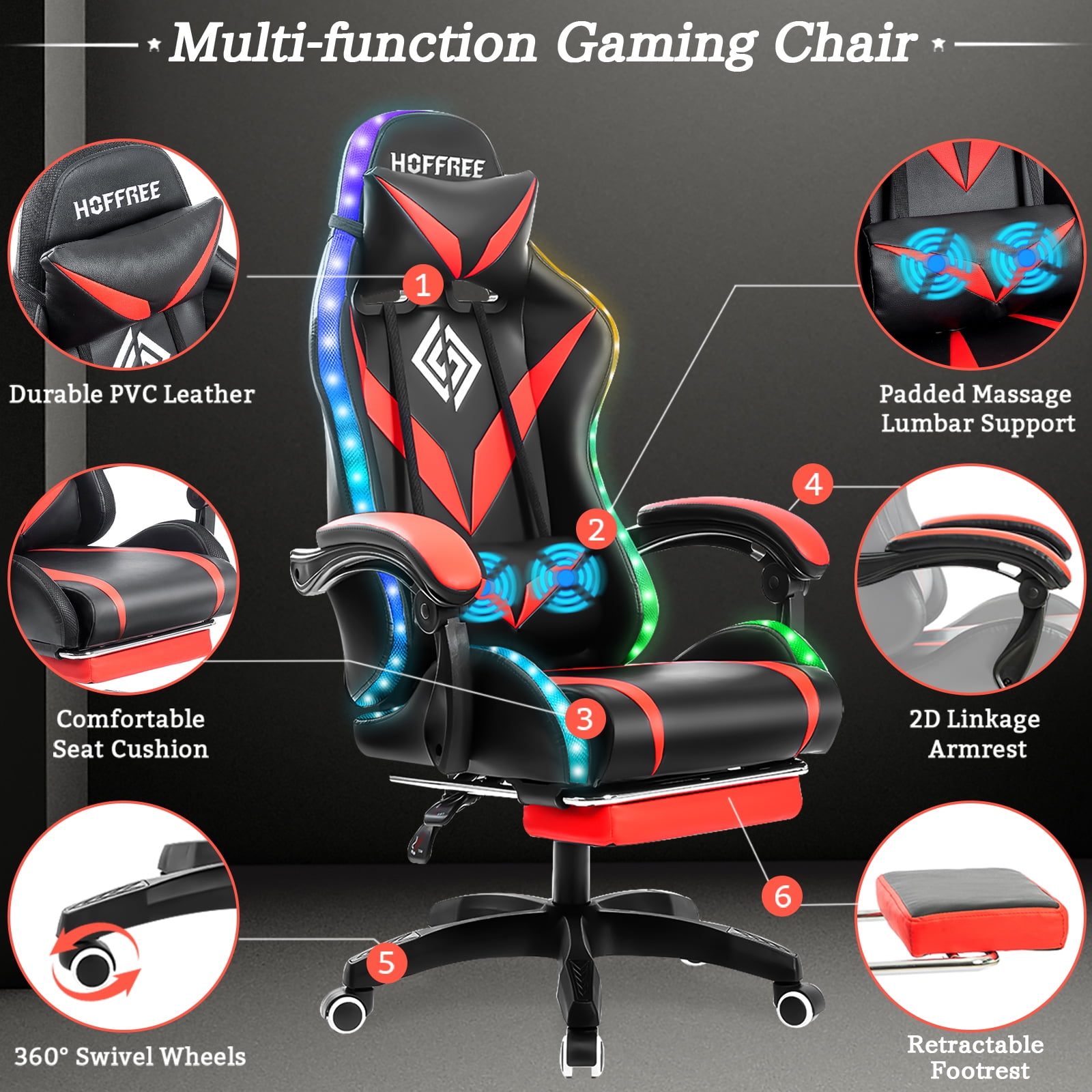 HOFFREE Gaming Chair with RGB LED Lights Ergonomic Computer Chair