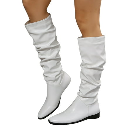 

Eloshman Women Fashion Waterproof High Calf Booties Outdoor Pull On Slouch Boots Comfort Chunky Bike Boot White 9